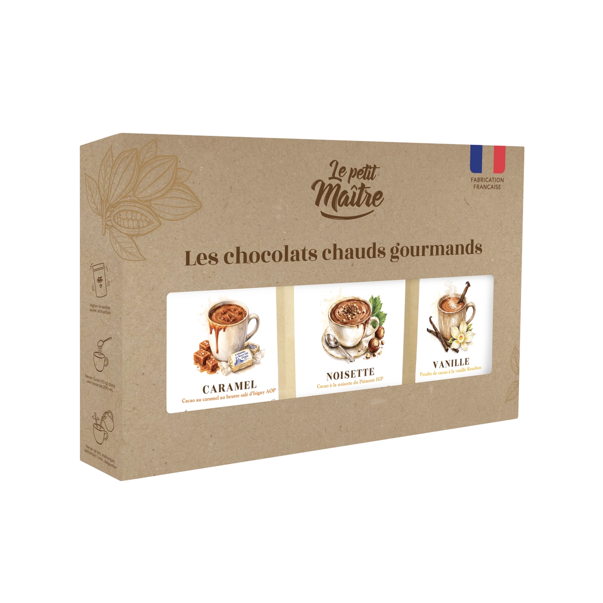 Coffret Chocolats Chauds Gourmands Le Petit Maître – 3 sachets Caramel, Noisette et Vanille, fabrication française