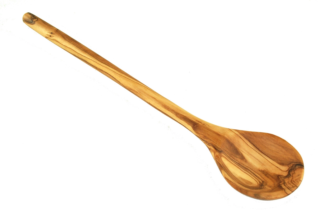 Cuillère de cuisine en bois d'olivier massif 30 cm sculptée artisanalement, veines naturelles uniques