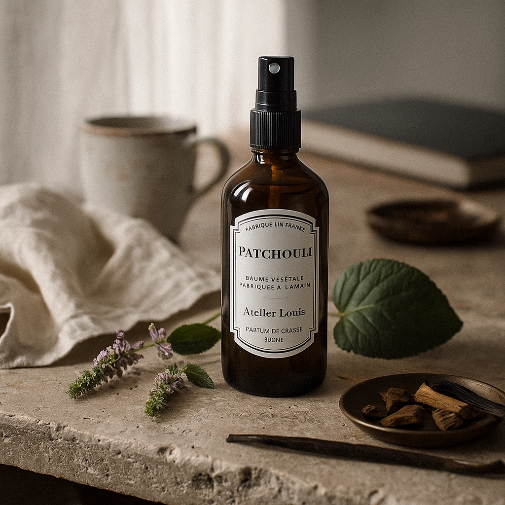 Brume Végétale Patchouli d’Atelier Louis, flacon verre ambré avec vaporisateur, entouré de feuilles de patchouli et épices