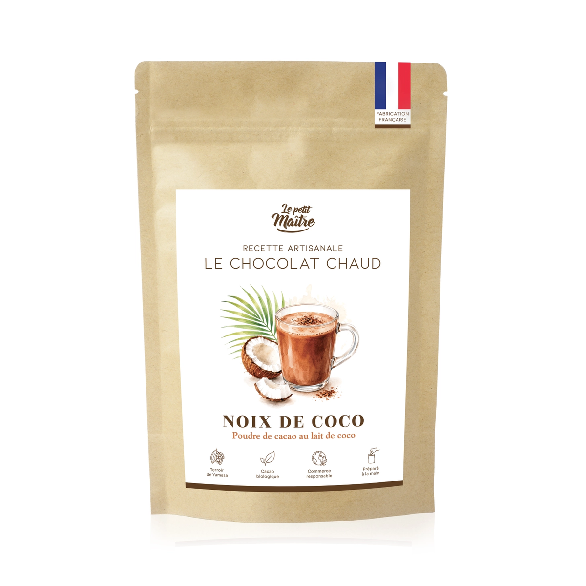 Chocolat Chaud Noix de Coco Le Petit Maître – poudre de cacao bio au lait de coco, recette artisanale, fabriqué en France