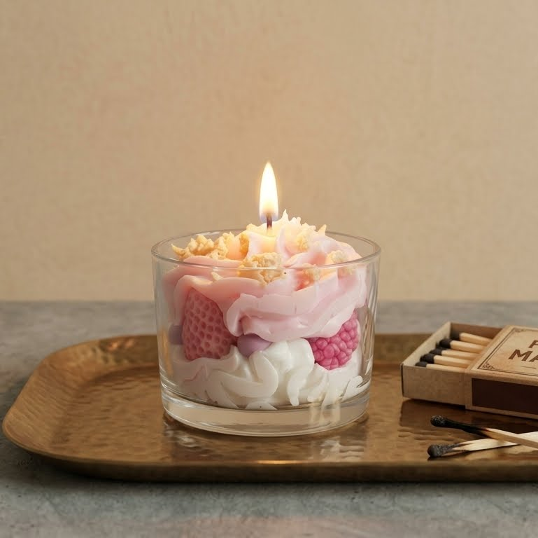 Bougie Burgonde Milkshake Fruits Rouges – cire fouettée artisanale rose et blanche avec framboises sculptées