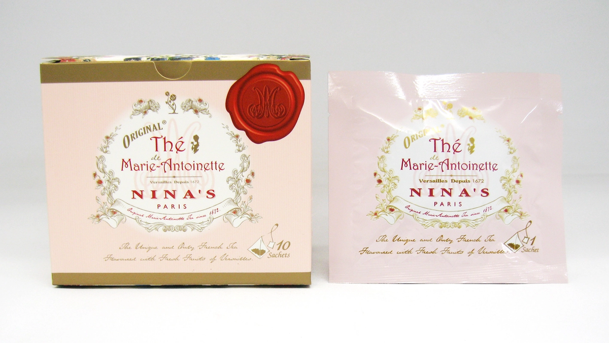 Thé de Marie-Antoinette Nina's Paris – boîte 10 sachets et sachet individuel, thé aromaté aux fleurs et fruits de Versailles