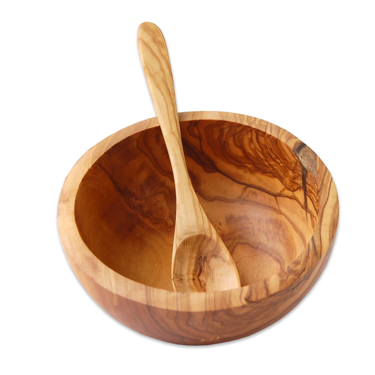 Bol en bois d'olivier massif avec cuillère assortie, sculptés artisanalement, veines naturelles uniques