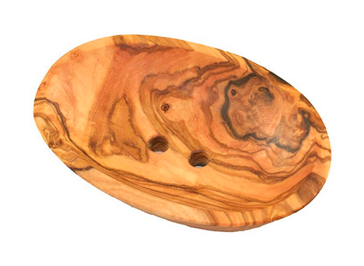 Porte-savon ovale en bois d'olivier massif avec trous d'écoulement, sculpté artisanalement, veines naturelles uniques