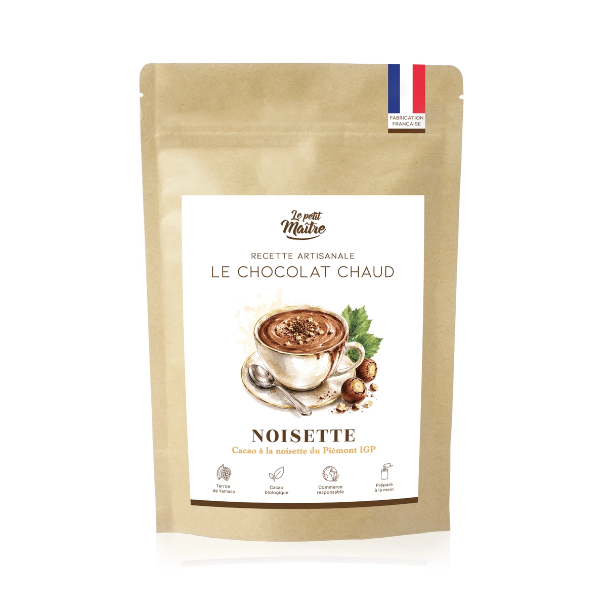 Chocolat Chaud Noisette Le Petit Maître – cacao bio à la noisette du Piémont IGP, fabriqué en France