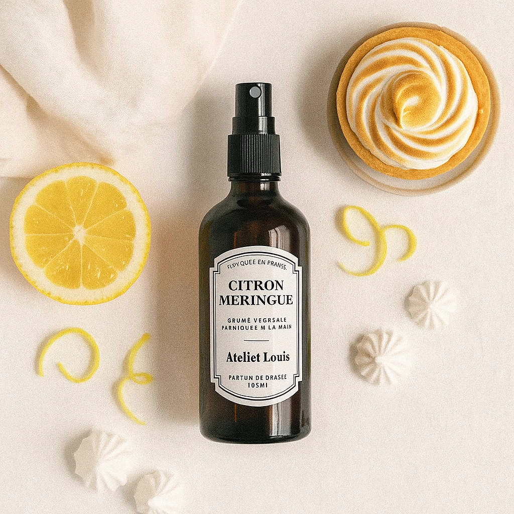 Brume Végétale Citron Meringué d’Atelier Louis, flacon verre ambré 100 ml, entouré de citrons frais et d’une tarte au citron meringué