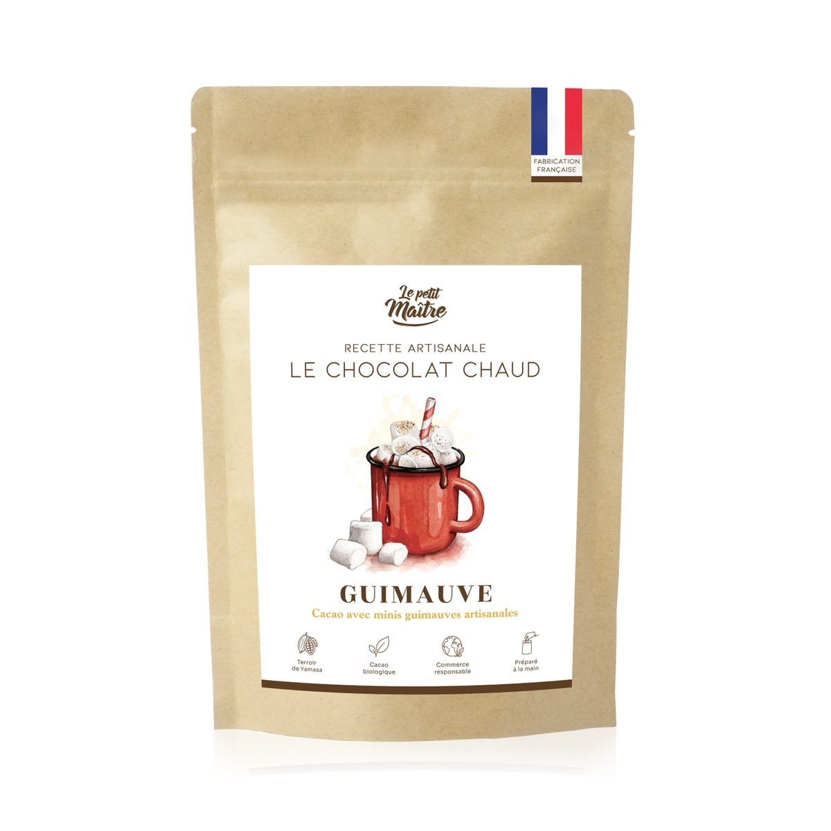 Chocolat Chaud Guimauve Le Petit Maître – poudre de cacao bio avec minis guimauves artisanales, fabriqué en France