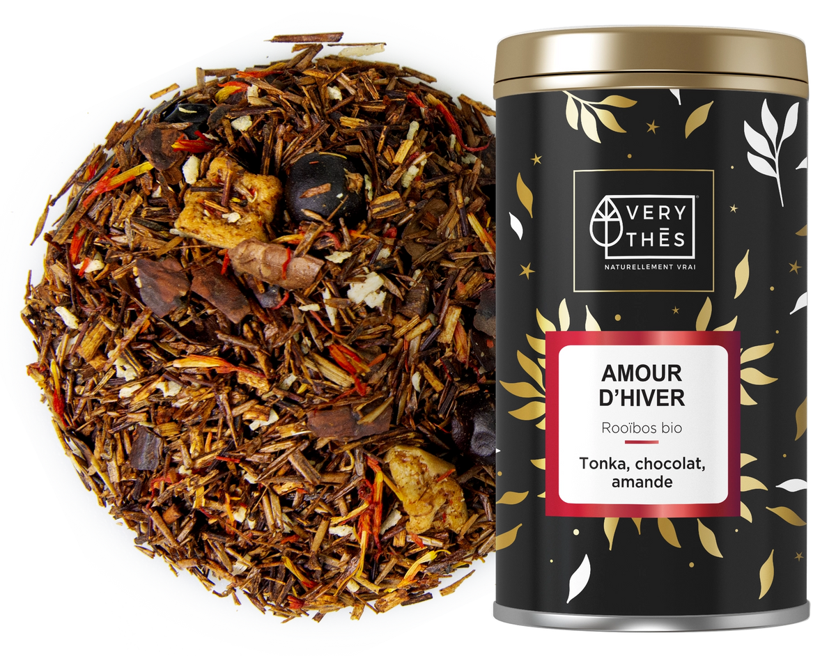 Amour d'Hiver Very Thès – rooibos bio tonka, chocolat & amande, boîte métal noire
