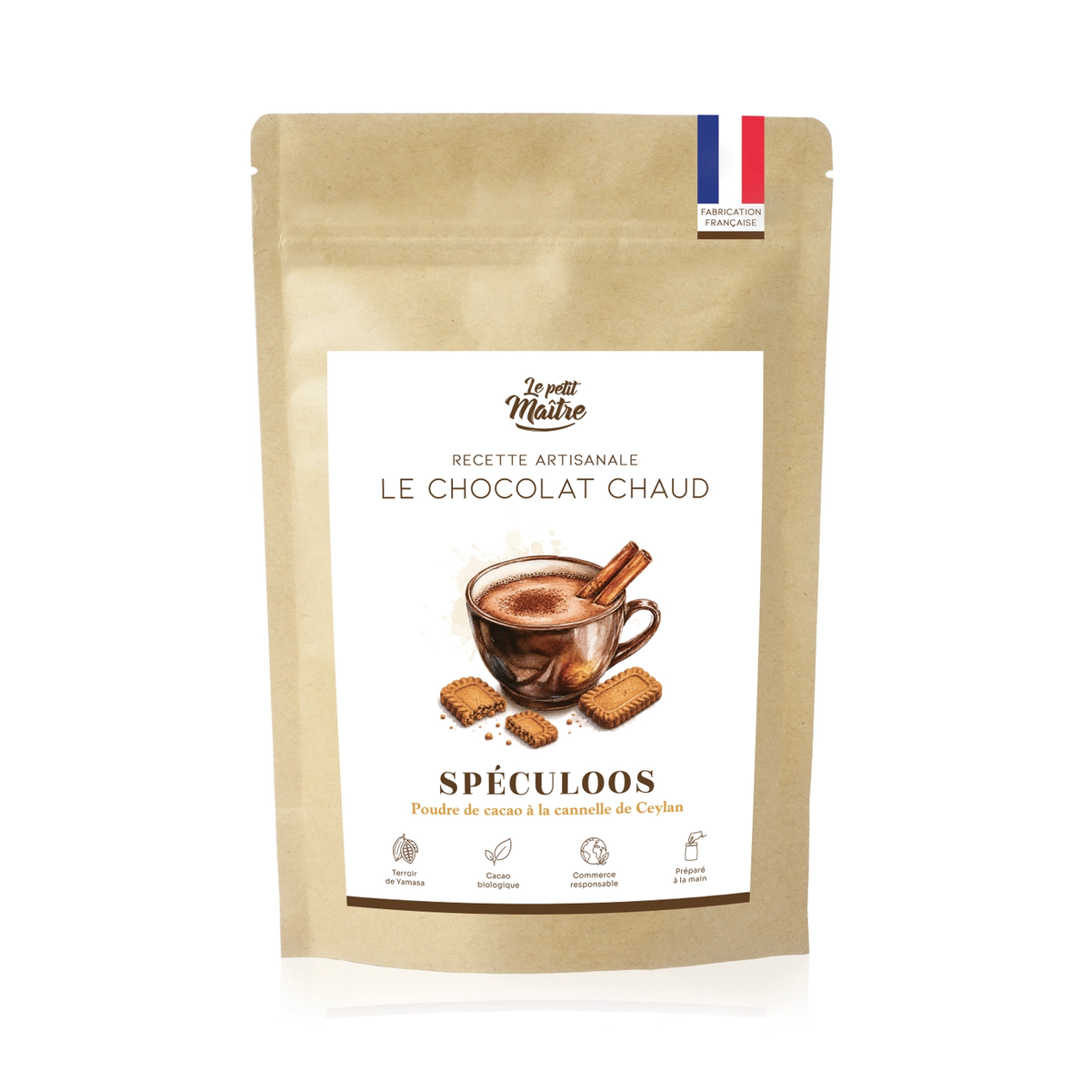 Chocolat Chaud Spéculoos Le Petit Maître – poudre de cacao bio à la cannelle de Ceylan, recette artisanale, fabriqué en France