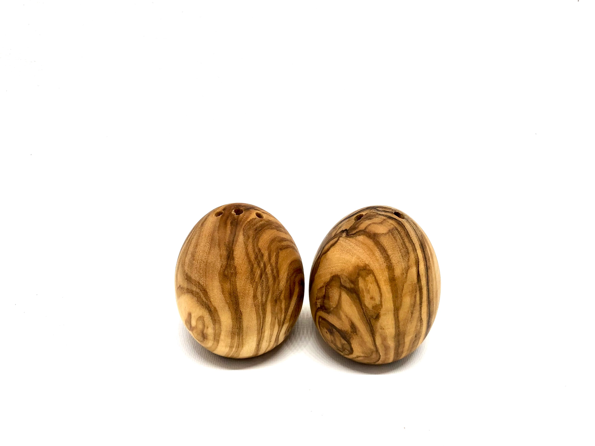 Lot de 2 salières en bois d'olivier massif forme œuf, tournées artisanalement, veines naturelles uniques