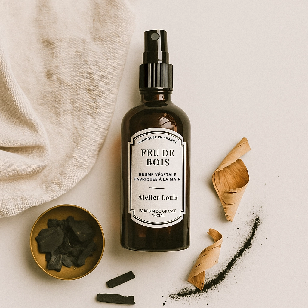 Brume Végétale Feu de Bois d’Atelier Louis, flacon verre ambré 100 ml avec vaporisateur, posé avec du charbon de bois et de l’écorce de bouleau