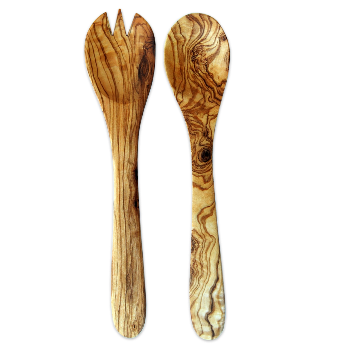 Couverts à salade en bois d'olivier massif – cuillère et fourchette sculptées artisanalement, veines naturelles uniques